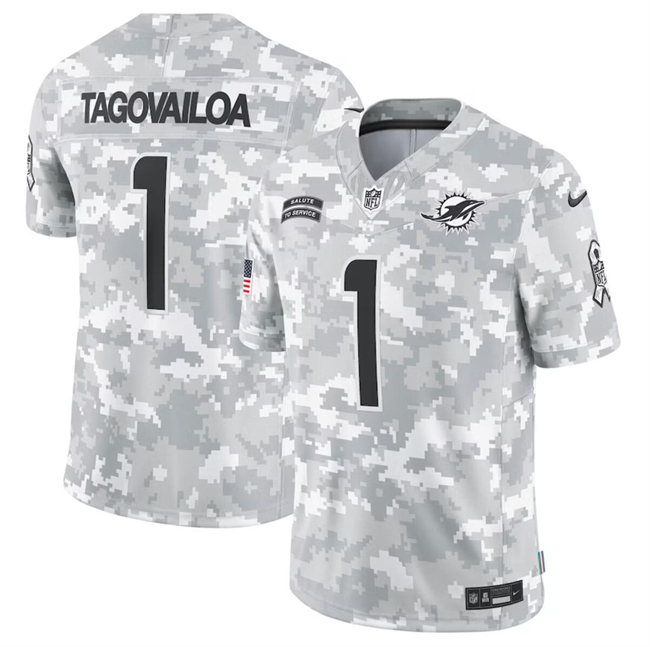 Men's Arctic Camo Miami Dolphins #1 Tua Tagovailoa 2024 Salute To Service Limited Stitched Football Jersey